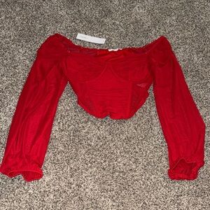 NWOT TIMING SMALL Red Off-Shoulder Long Sleeve Top BOUTIQUE CROP BLOUSE SHIRT